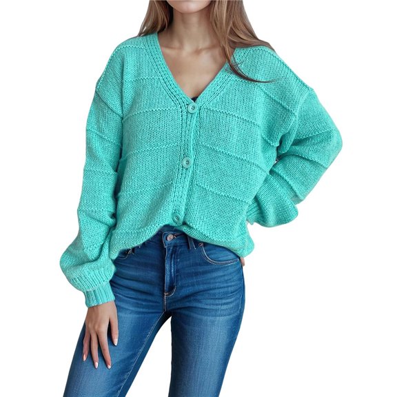 Women's Winter Button Down Cardigan Sweaters Casual Coats Oversized Chunky Cable Knit Long Sleeve Outwear Cyan S