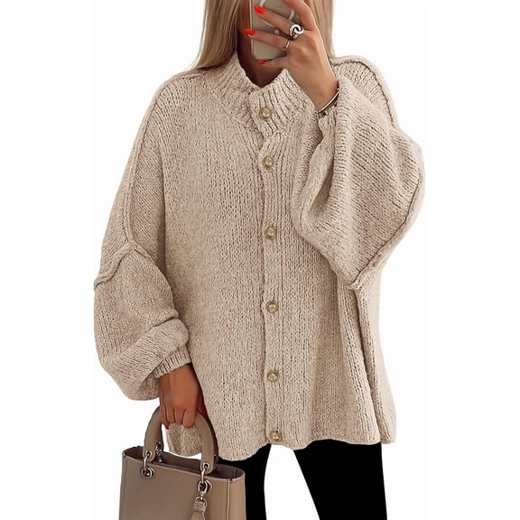 Women's Winter Button Down Cardigan Sweaters Mock Neck Lantern Long Sleeve Chunky Knit Jacket Trendy Outerwear