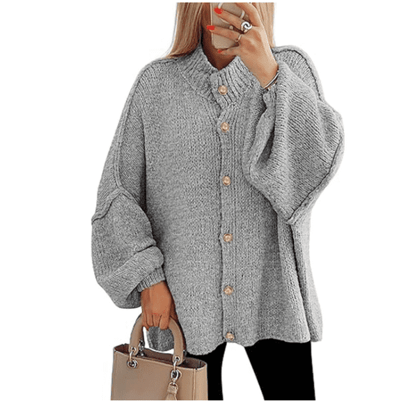 Women's Winter Button Down Cardigan Sweaters Mock Neck Lantern Long Sleeve Chunky Knit Jacket Trendy Outerwear