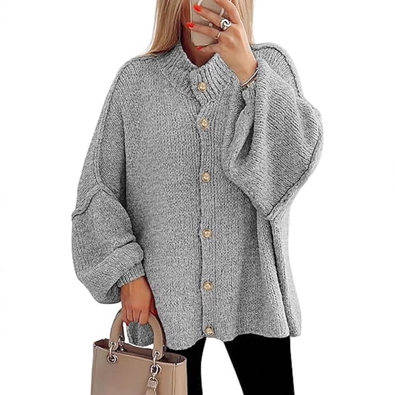 Women's Winter Button Down Cardigan Sweaters Mock Neck Lantern Long Sleeve Chunky Knit Jacket Trendy Outerwear