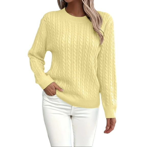 Women's Winter Cable Knit Sweater, Cotton Fitted Round Neck Long Sleeve Pullover Top for Cold Weather, Layering Base and Casual Comfort Wear Yellow XL