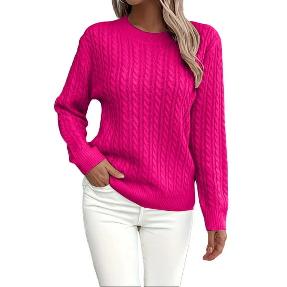 Women's Winter Cable Knit Sweater, Cotton Fitted Round Neck Long Sleeve Pullover Top for Cold Weather, Layering Base and Casual Comfort Wear Pink M