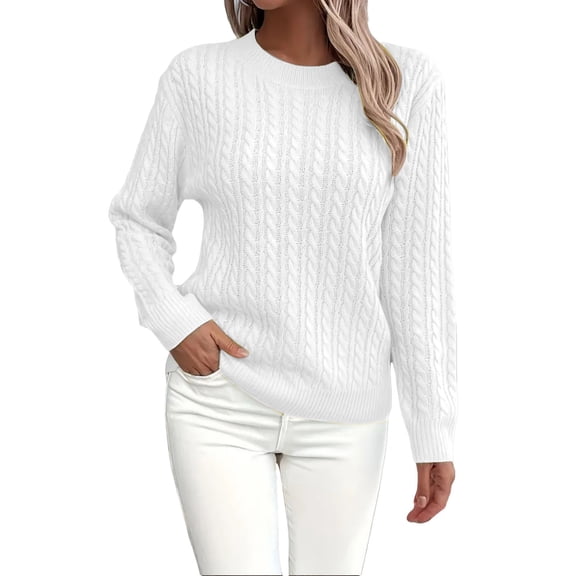 Women's Winter Cable Knit Sweater, Cotton Fitted Round Neck Long Sleeve Pullover Top for Cold Weather, Layering Base and Casual Comfort Wear White M