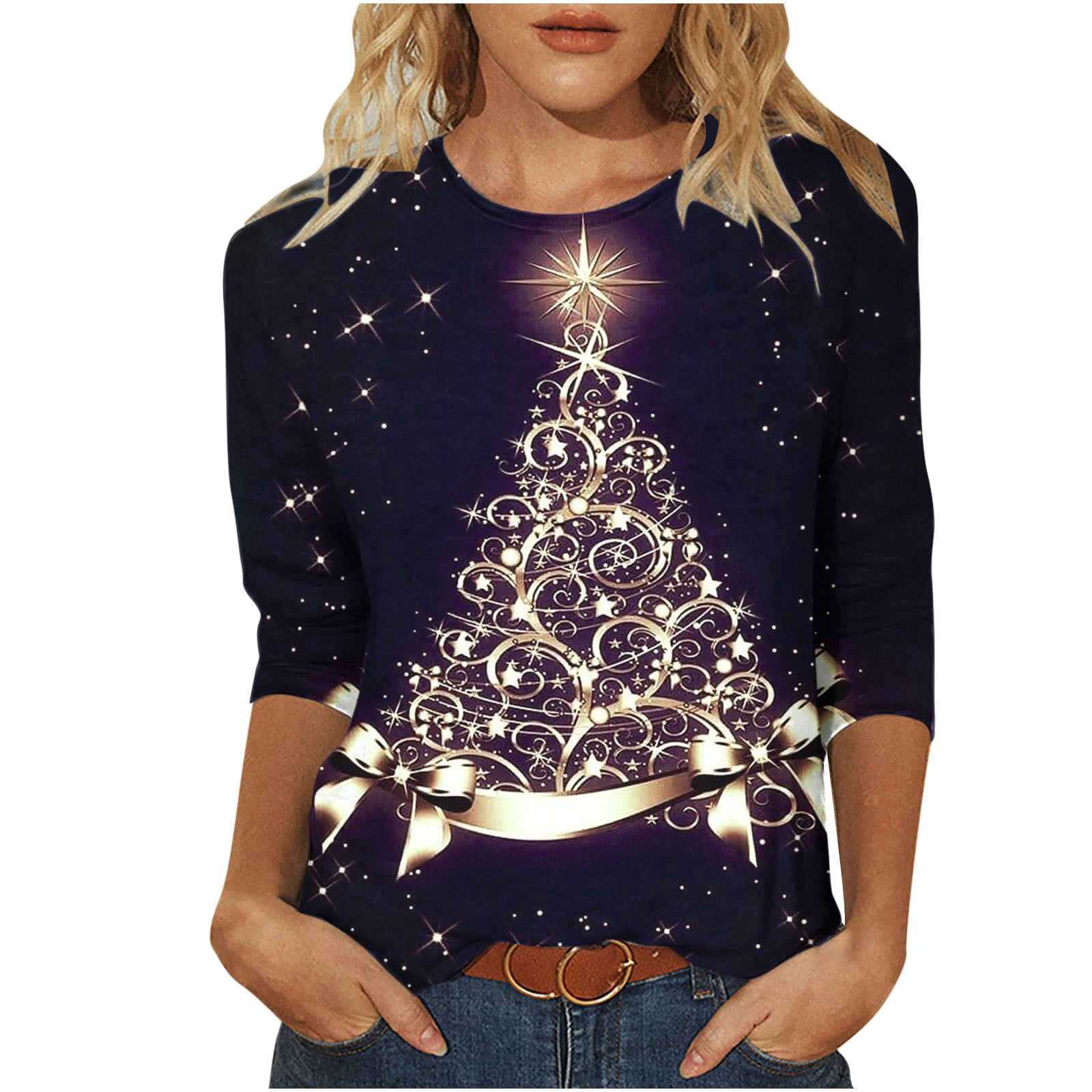 Christmas Letter Graphic Mixed Print Round Neck Top