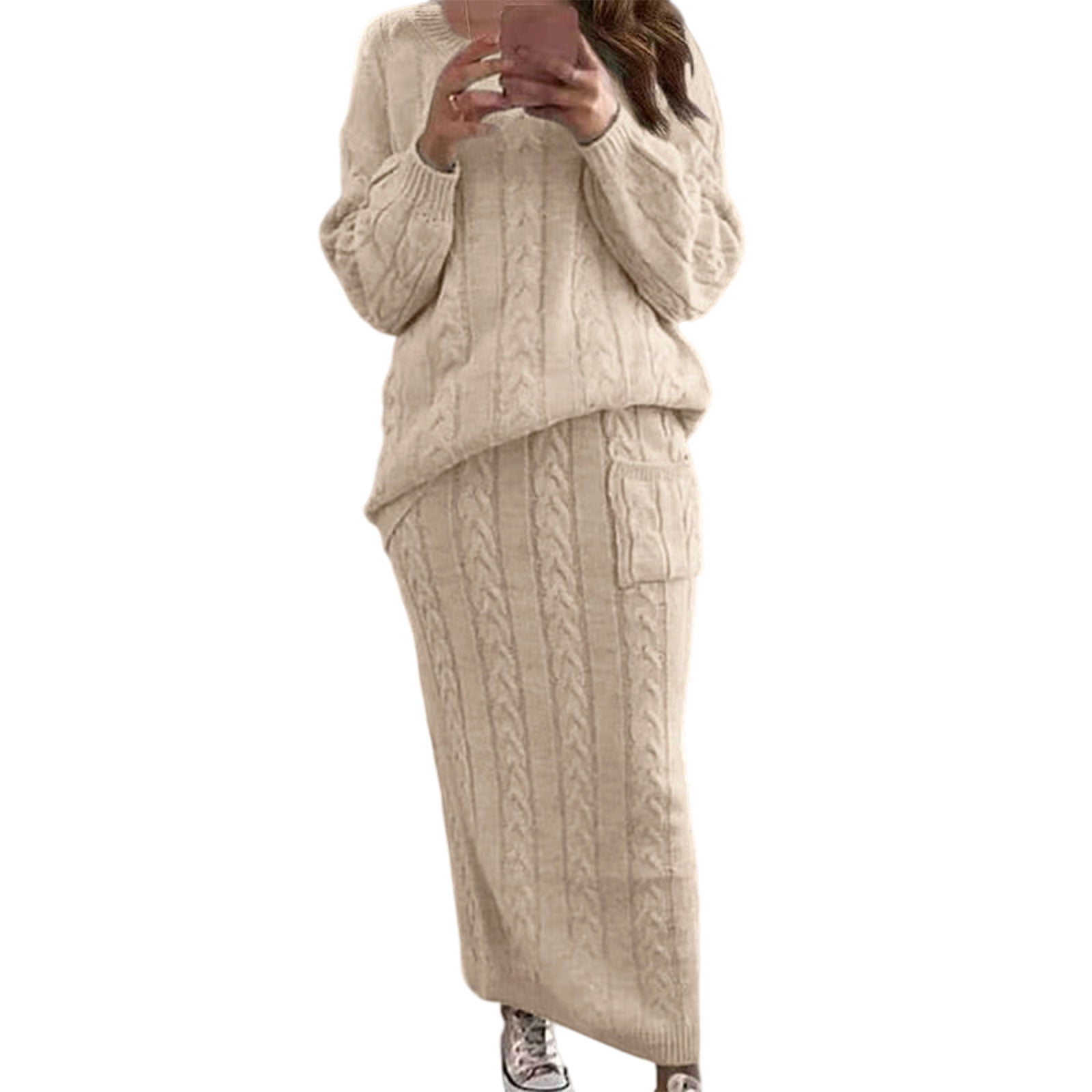 Women's Winter Cable Knit Sweater and Long Skirt Two-Piece Set