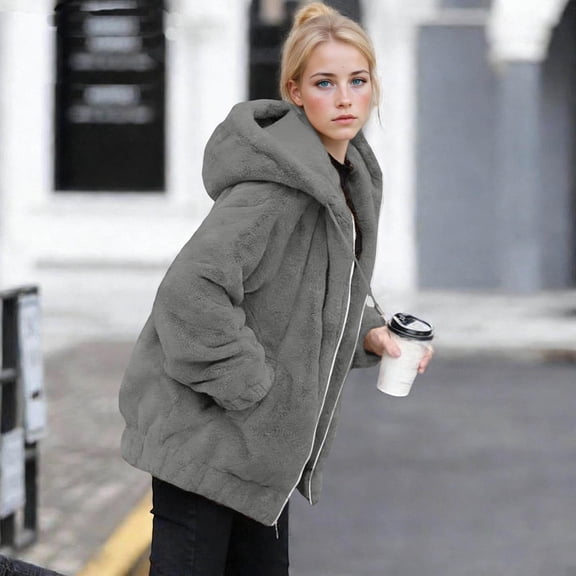 Women's Winter Casual Jackets Fleece Solid Color Zipper Up Stand Collar with Pockets Hoodless Sweatshirt Outerwear Coats with Pockets Dark Gray S-3XL