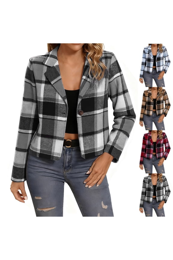 Women's Winter Casual Lapel Long Sleeve Plaid Button Coat Jackets Blazers Outerwear Solid Color Warm Thick Fall Fashion Essential Gift for Women | CSEONE,Blue L