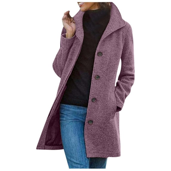 Women's Winter Casual Pea Coat Wool Blend Stand Collar Single Thicken Jackets Long Cardigan Loose Fit Trench Overcoat