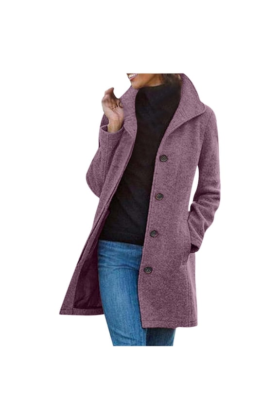 Women's Winter Casual Pea Coat Wool Blend Stand Collar Single Thicken Jackets Long Cardigan Loose Fit Trench Overcoat