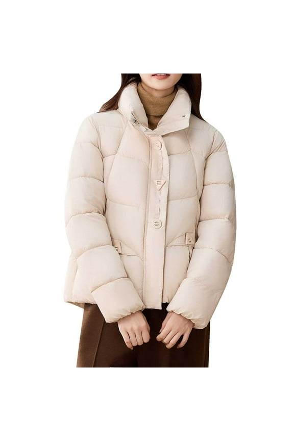 Women's Winter Casual Quilted Jackets Long Sleeve Button Down Full Zip Puffer Jacket Cowl Neck Tops Padded Coats (2XL, White)