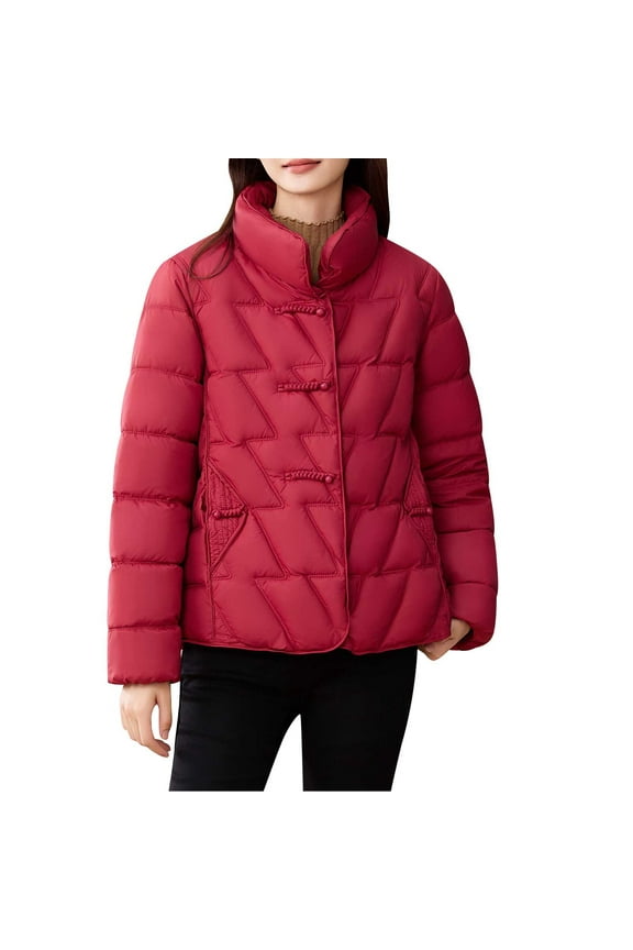 Women's Winter Casual Quilted Jackets Long Sleeve Button Down Puffer Jacket Warm Cowl Neck Jacket Padded Coats (L, Red)