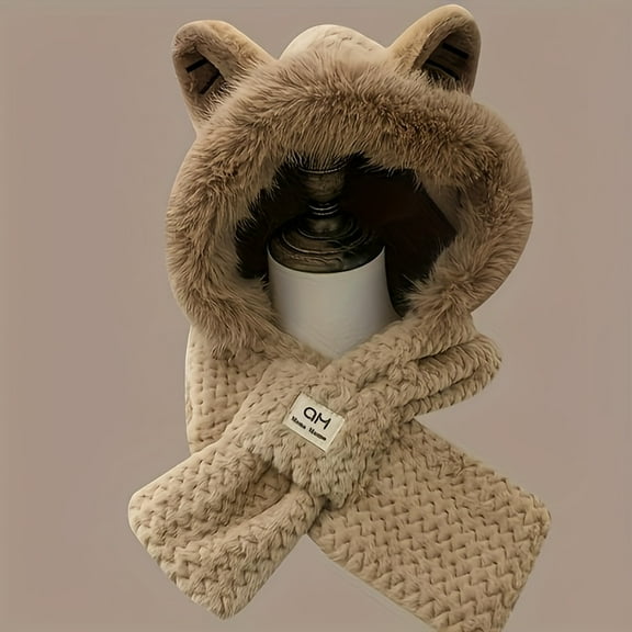 Women's Winter Cat Ears Paws Hat Soft Furry Pom-Pom Collar, Cozy Fleece Lining Warm, Christmas Valentine's New Year's Gift Cold Weather, Non-Stretch Fit Cat Beanie