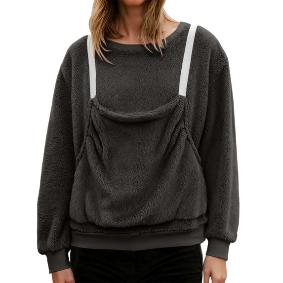 Women's Winter Christmas Jumper with Cat Dog Pocket, Long Sleeve Crew Neck Sweater Jumper with Pet Bag, Plus Size Super Soft Comfortable Sweater for Autumn Winter Warm, Dark Gray, XL