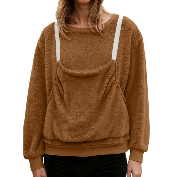 Women's Winter Christmas Jumper with Cat Dog Pocket, Long Sleeve Crew Neck Sweater Jumper with Pet Bag, Plus Size Super Soft Comfortable Sweater for Autumn Winter Warm, Brown, S