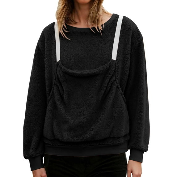 Women's Winter Christmas Jumper with Cat Dog Pocket, Long Sleeve Crew Neck Sweater Jumper with Pet Bag, Plus Size Super Soft Comfortable Sweater for Autumn Winter Warm, Black, XL