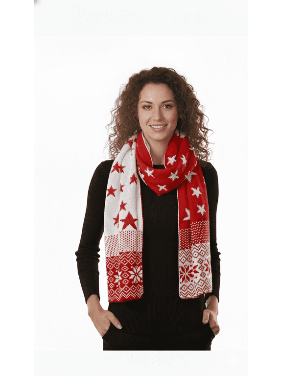 Womens Winter Christmas Wraparound Reversible Knit Scarf Shawl Holiday Tree Reindeer Snowflake Pattern Warm Soft Cozy Oversized Gift for Her