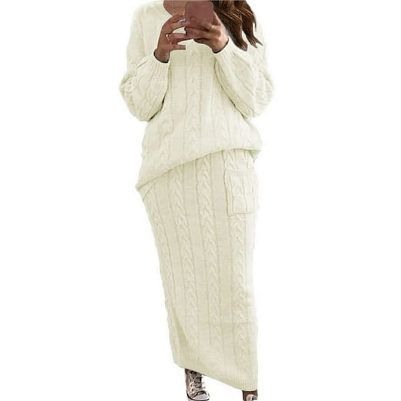 Women's Winter Chunky Cable Knit Long Skirt 2 Piece Outfit Sweater Sets White XXL