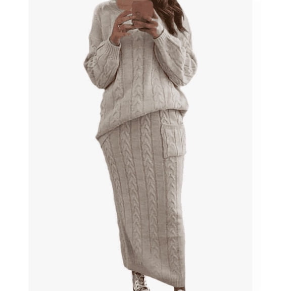 Women's Winter Chunky Cable Knit Long Skirt 2 Piece Outfit Sweater Sets