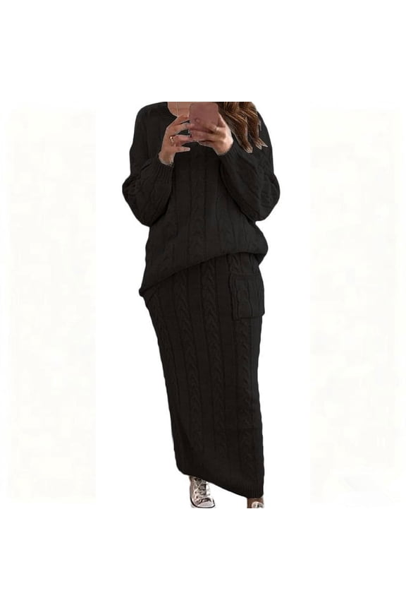 Women's Winter Chunky Cable Knit Sweater and Long Skirt Two-Piece Set