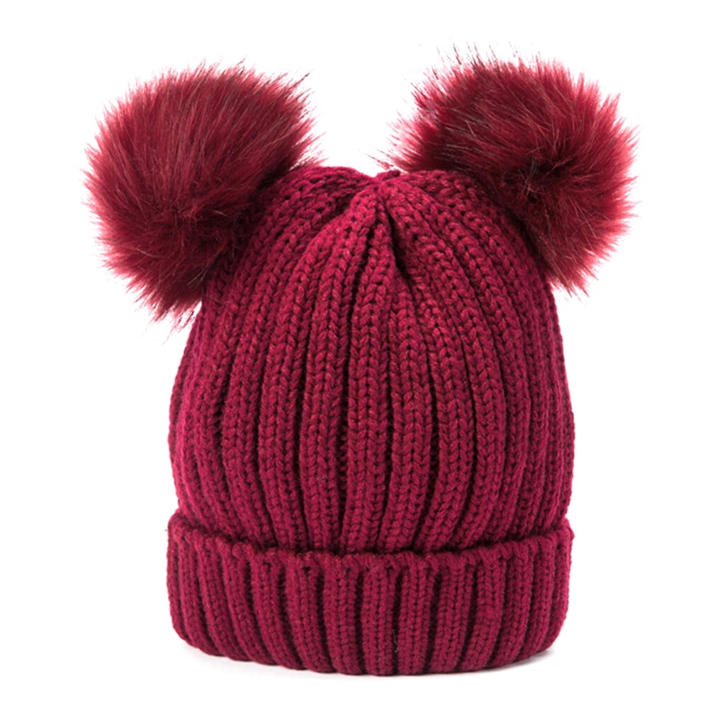 Women's Winter Chunky Knit Beanie Hat with Double Faux Fur Pom Pom Ears  (White) 