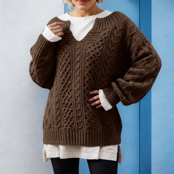 Women's Winter Chunky V Neck Long Sleeve Loose Cable Knit Sweater Pullover Chunky Pullover Sweater Tops