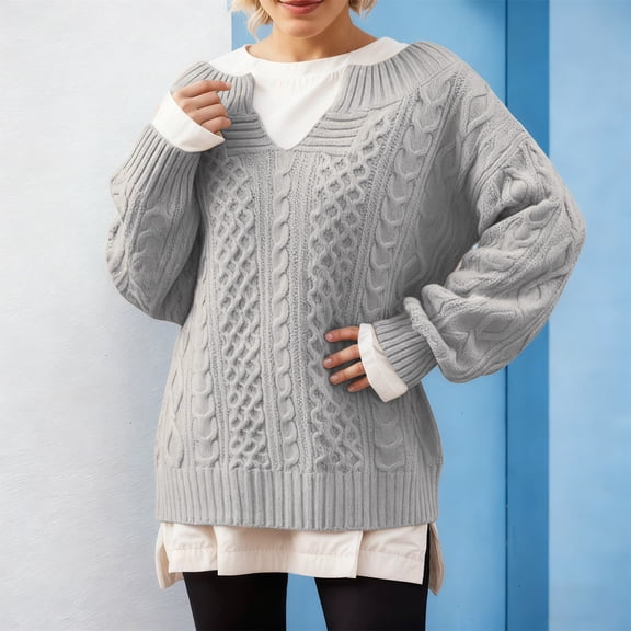 Women's Winter Chunky V Neck Long Sleeve Loose Cable Knit Sweater Pullover Chunky Pullover Sweater Tops