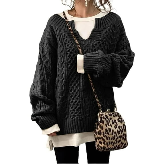 Women's Winter Chunky V Neck Long Sleeve Loose Cable Knit Sweater Pullover