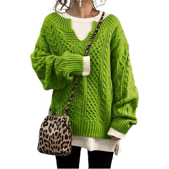 Women's Winter Chunky V Neck Long Sleeve Loose Cable Knit Sweater Pullover