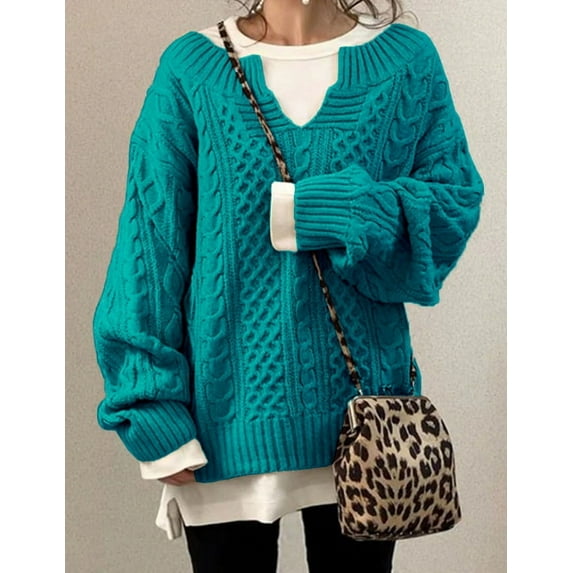 Women's Winter Chunky V Neck Long Sleeve Loose Cable Knit Sweater Pullover