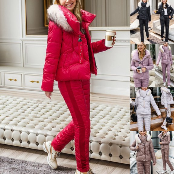 Women's Winter Coat Autumn and Winter Solid Color Ski Wear Outdoor Sports Coat Snowwear Thickened Warm Snow Pants Two Piece Set Ski Pants Women