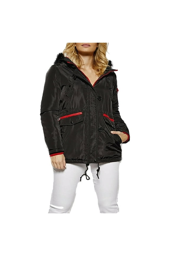 Women's Winter Coat Faux Fur Hood Windbreaker Draw String Two-Tone Anorak Jacket