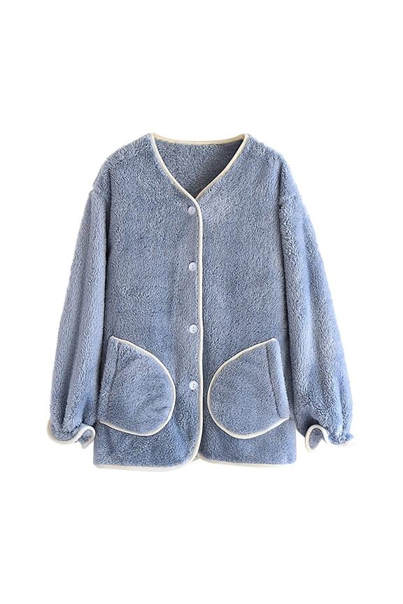 Women's Winter Coat, Flannel Jackets Warm Button Down Sweater Knitted Cardigan with Pockets Solid Color Housecoat Soft Jacket