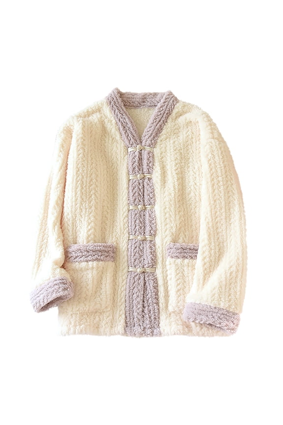 Women's Winter Coat, Flannel Jackets Warm Button Down Sweater Knitted Cardigan with Pockets Solid Color Housecoat Soft Jacket