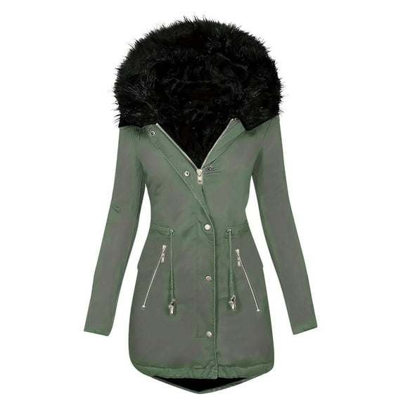 Women's Winter Coat Jacket Clearance Double Pocket Zipper Drawstring Button Jacket Plush Long Sleeved Hooded Cotton Parkas Outwear Green M