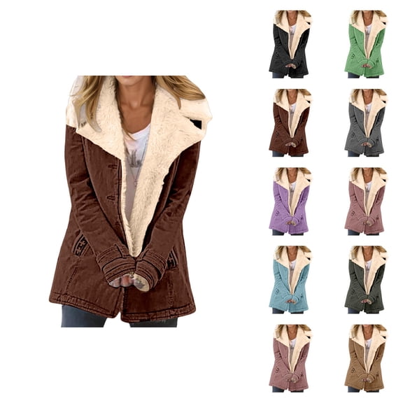 Women's Winter Coat Long Sleeve Suede Notch Collar Thick Warm Button Cardigan Coat with Pockets Outerwear