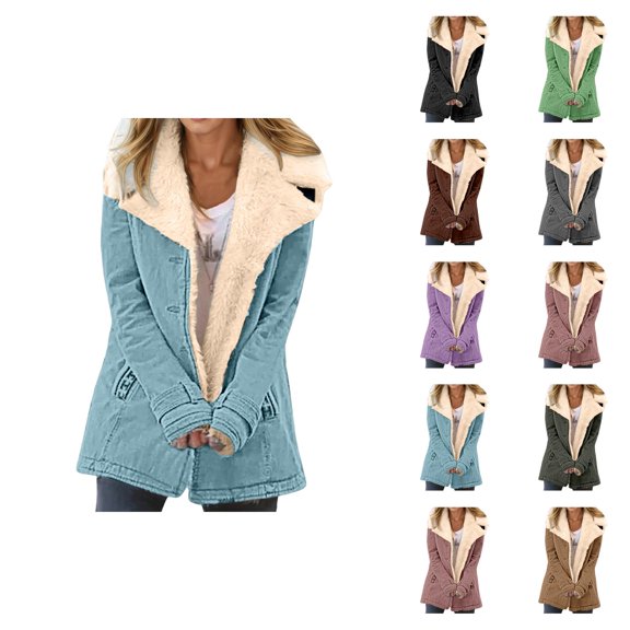 Women's Winter Coat Long Sleeve Suede Notch Collar Thick Warm Button Cardigan Coat with Pockets Outerwear