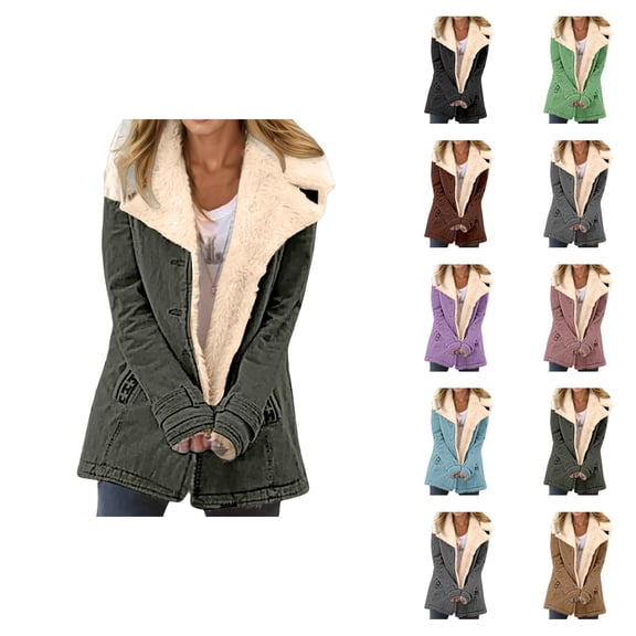 Women's Winter Coat Long Sleeve Suede Notch Collar Thick Warm Button Cardigan Coat with Pockets Outerwear