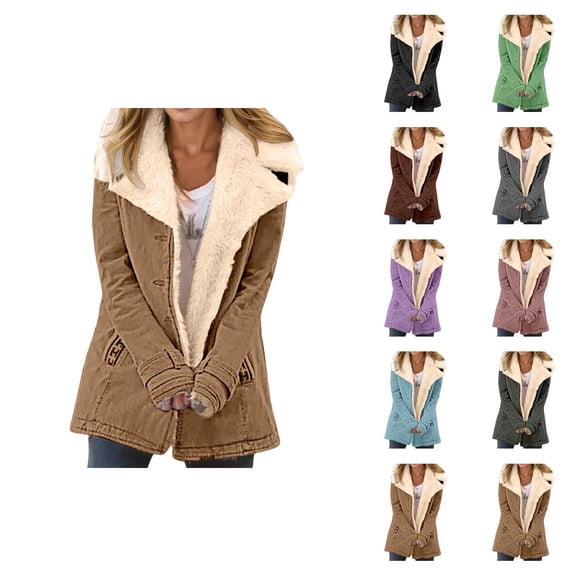 Women's Winter Coat Long Sleeve Suede Notch Collar Thick Warm Button Cardigan Coat with Pockets Outerwear