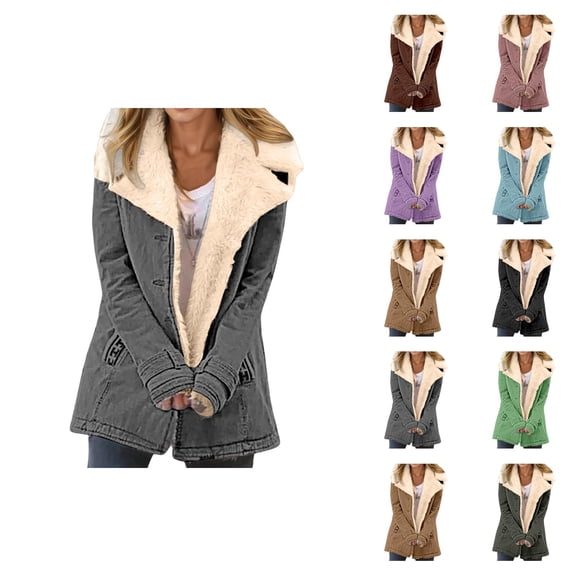 Women's Winter Coat Long Sleeve Suede Thick Warm Notch Collar Button Cardigan Coat with Pockets Outerwear