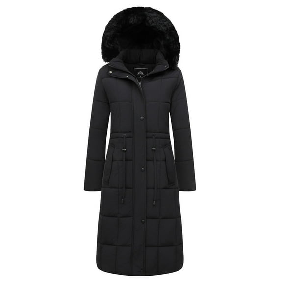 HVEOO Womens Puffer Winter Coats Long Quilted Jackets for Women Weather Resistant Puffer Parka Hooded Jacket, Black M