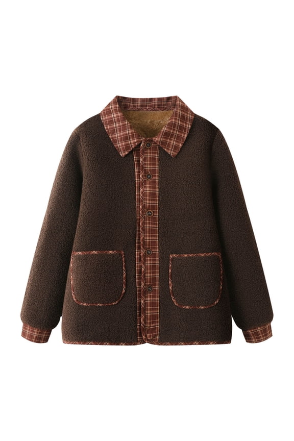 Women's Winter Coat Plaid Patchwork Faux Lambswool Long Sleeve Lapel Collar Soft Thermal Casual Coats Jacket (3XL, Brown)