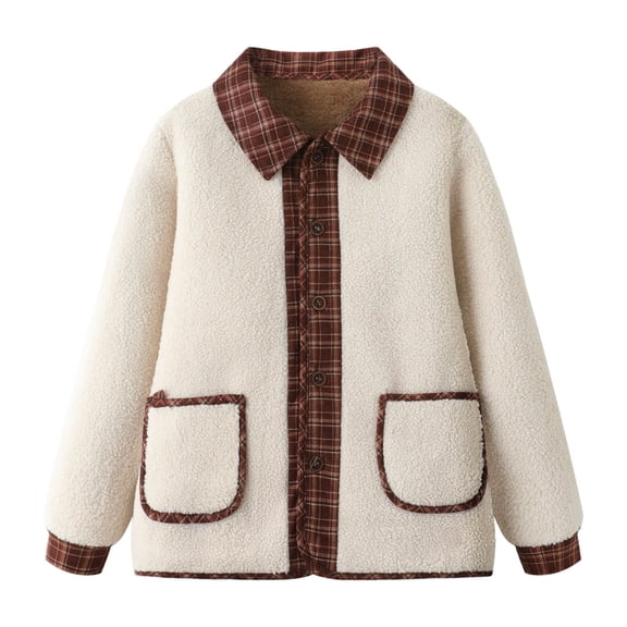Women's Winter Coat Plaid Patchwork Faux Lambswool Long Sleeve Lapel Collar Soft Thermal Casual Coats Jacket (XXL, Beige)