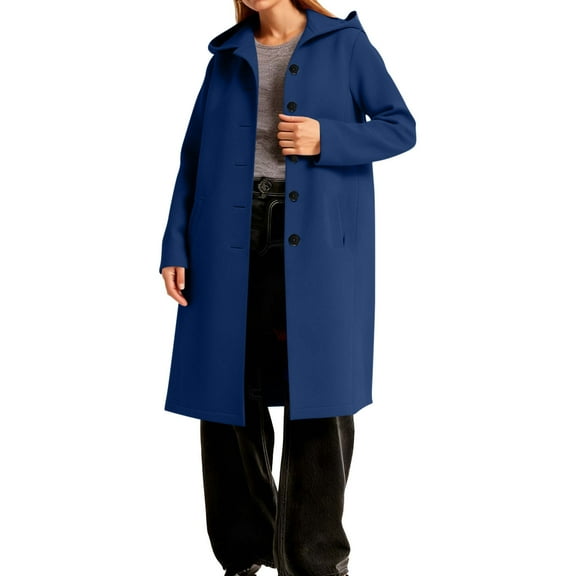 Women's Winter Coat Solid Color Long-Sleeve Outwear Single Breasted Hooded Coat Casual Wool Jacket Blue S
