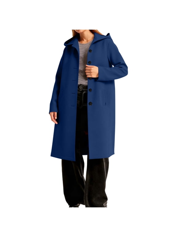 Women's Winter Coat Solid Color Long-Sleeve Outwear Single Breasted Hooded Coat Casual Wool Jacket Blue S