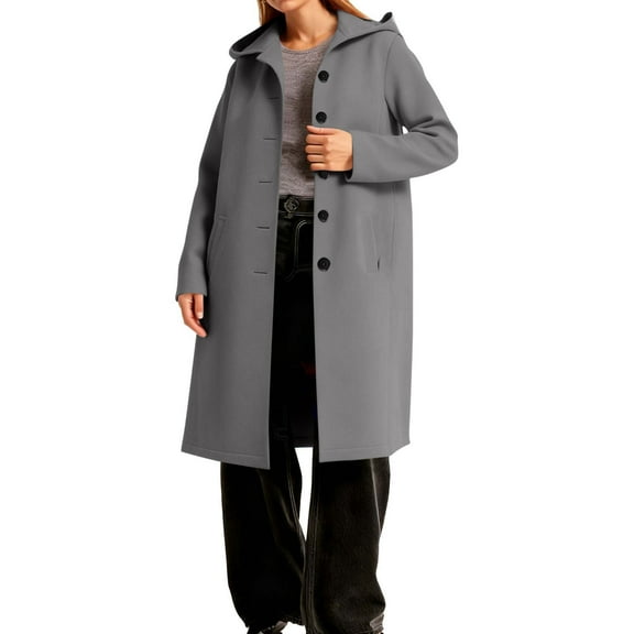 Women's Winter Coat Solid Color Long-Sleeve Outwear Single Breasted Hooded Coat Casual Wool Jacket Gray 2XL