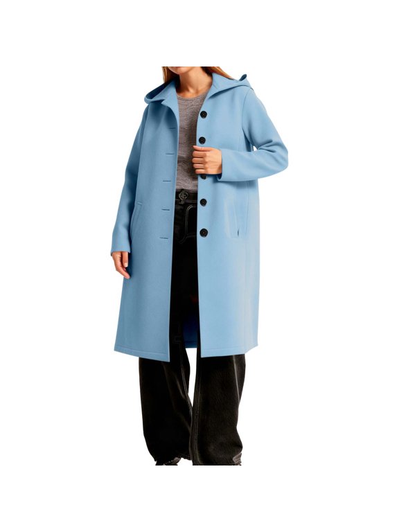 Women's Winter Coat Solid Color Long-Sleeve Outwear Single Breasted Hooded Coat Casual Wool Jacket Light Blue XL