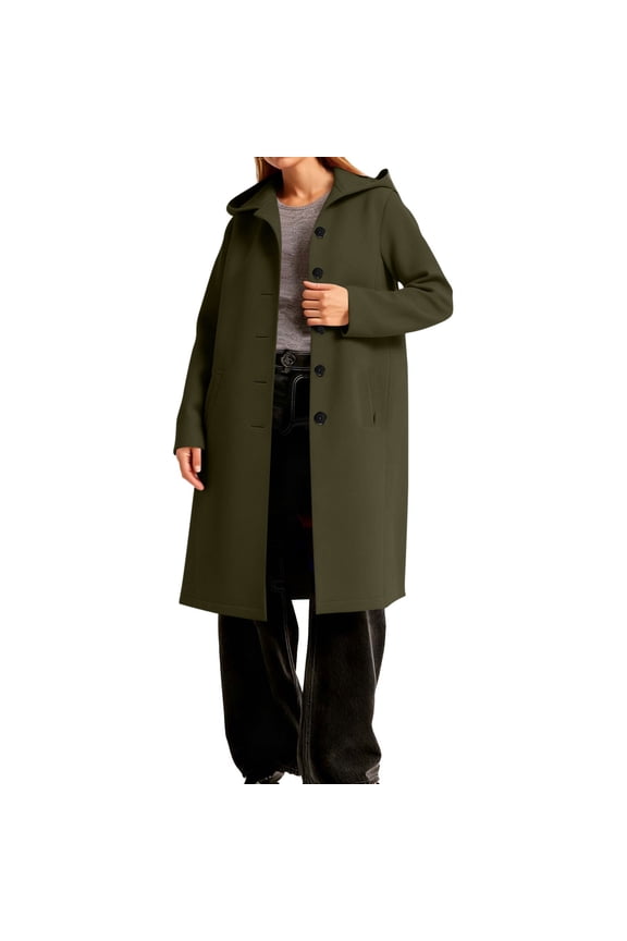 Women's Winter Coat Solid Color Long-Sleeve Outwear Single Breasted Hooded Coat Casual Wool Jacket Olive Green XL