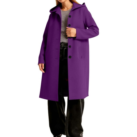 Women's Winter Coat Solid Color Long-Sleeve Outwear Single Breasted Hooded Coat Casual Wool Jacket Purple S