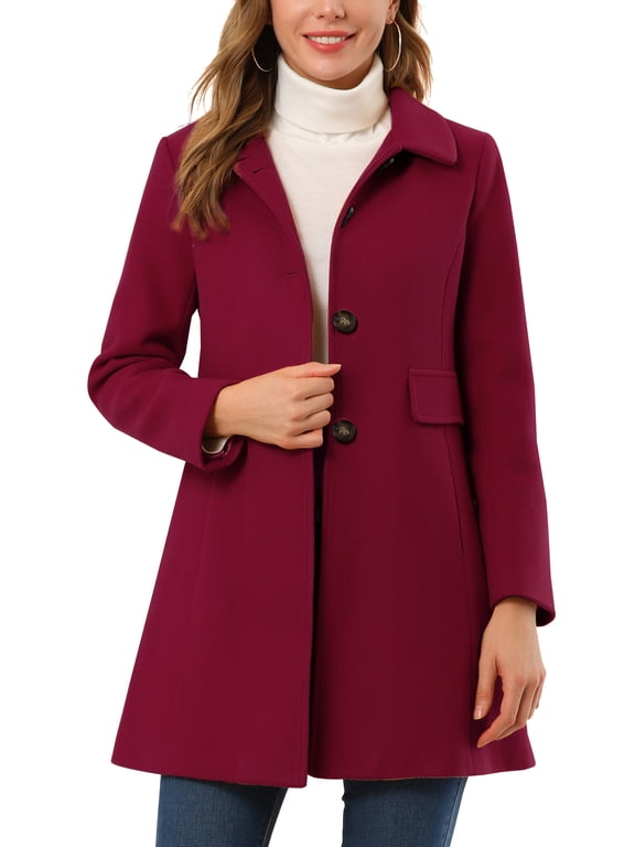 Women's Winter Coats Classic Vintage Mid-Length Peter Pan Collar Single Breasted Peacoat Overcoat XL Wine Red