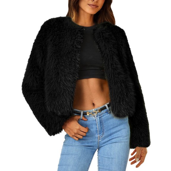 Women's Winter Coats Cropped Jacket Long Sleeve Pockets Shaggy Warm Outerwear Fall Clothes
